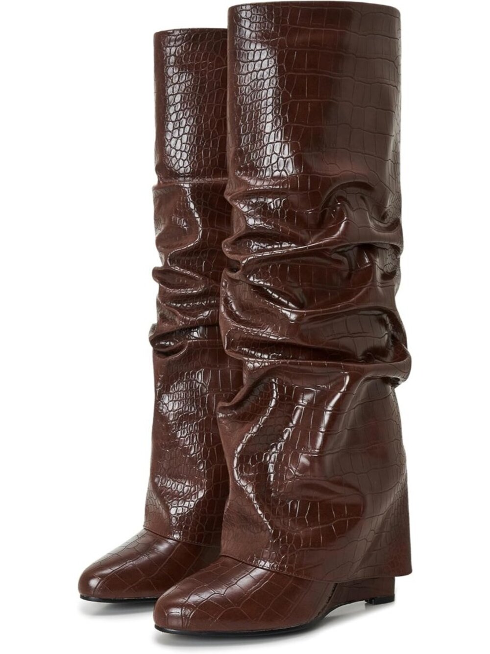 Women's Brown 4 Inch Wedge Pointed Toe Pull-On Shark Knee High Heels Boots